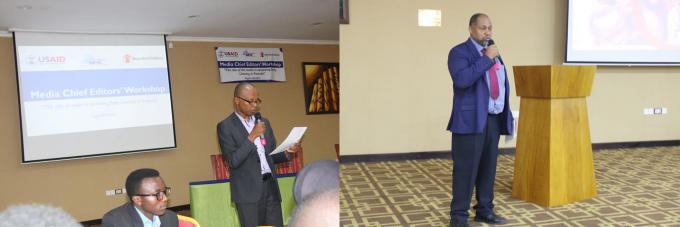 The Executive Secretary, Media High Council (L) and the Country Director, Save the Children (R), addressing participants during the Chief Editors' Workshop in Kigali