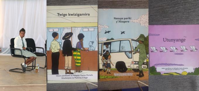 Malaika and three of her four Kinyarwanda book's titles